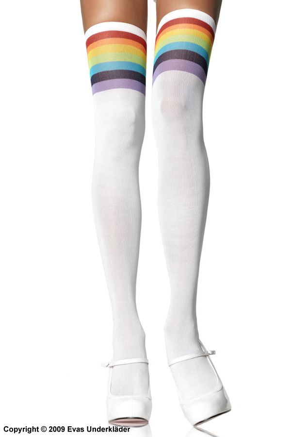 Thigh high stay-ups, opaque fabric, colorful stripes